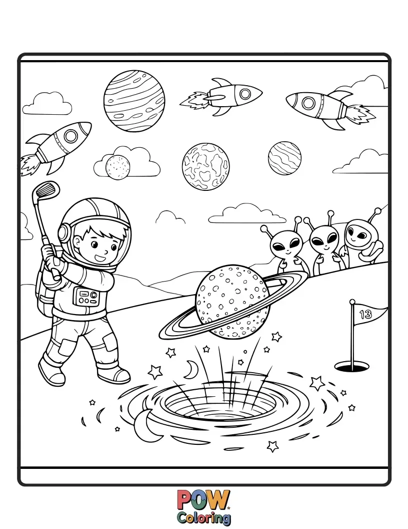 Free coloring page of An astronaut in a helmet playing golf on the moon, with Earth visible in the starry sky.