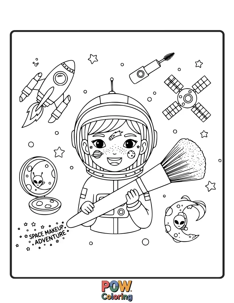 Free coloring page of A rocket ship filled with makeup supplies, blasting off into a starry sky. Embark on an interstellar beauty journey.