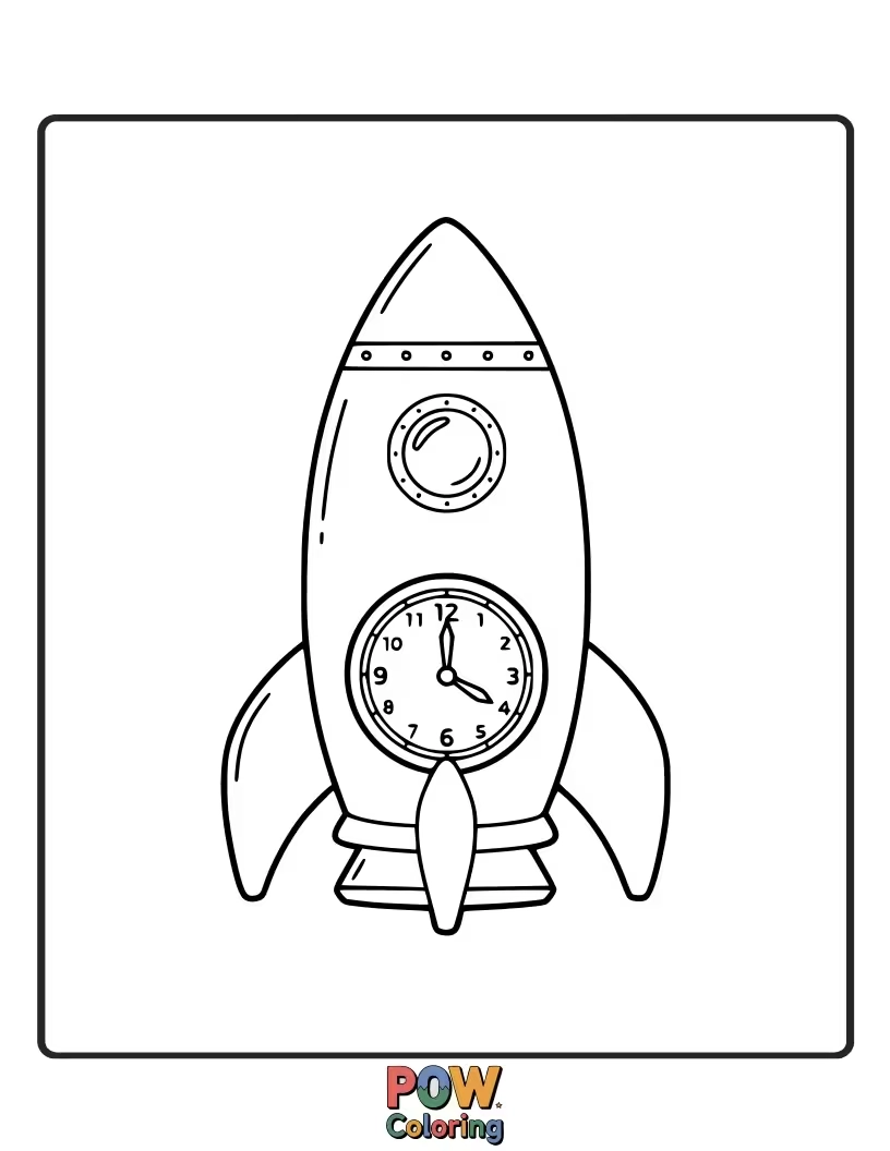Free coloring page of A futuristic clock with a rocket ship in the center and stars scattered around the numbers.