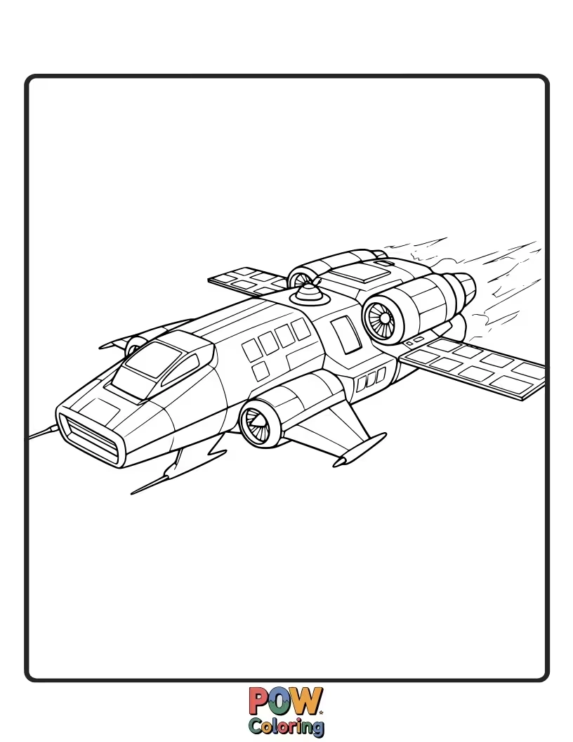 Free coloring page of A futuristic race car designed for zero gravity, zooming past planets and nebulae in outer space.