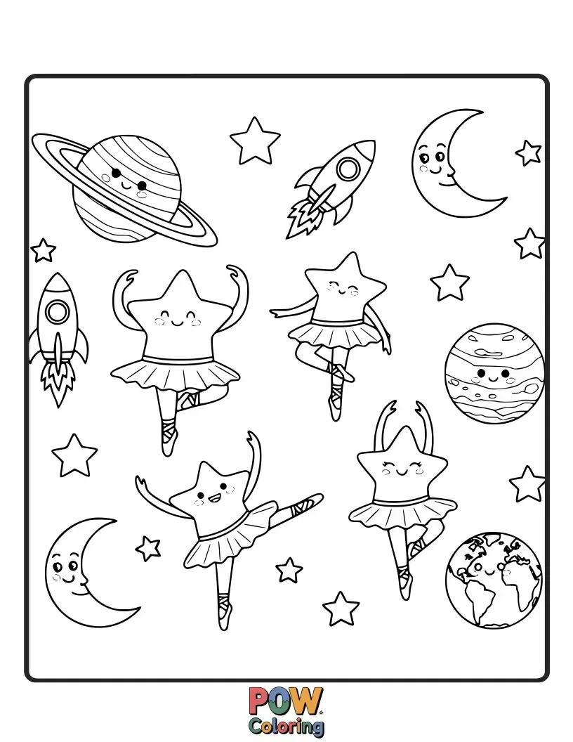 Free coloring page of Astronauts in shimmering tutus float and twirl amongst stars and planets, performing an interstellar ballet. Cosmic choreography!