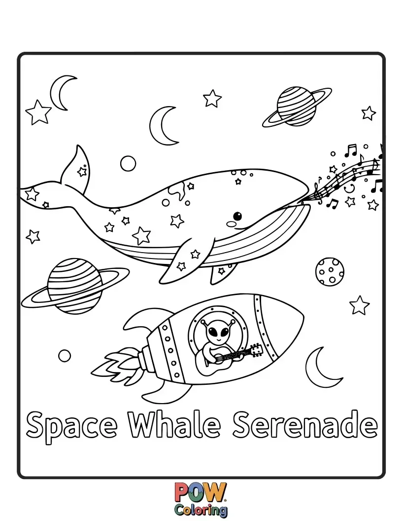 Free coloring page of A cosmic whale drifting through nebulae, with planets for eyes and comets trailing its tail in a starry expanse.