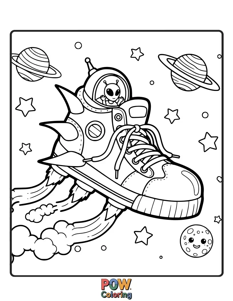 Free coloring page of An alien is driving a space themed sneaker with a joy and fun.