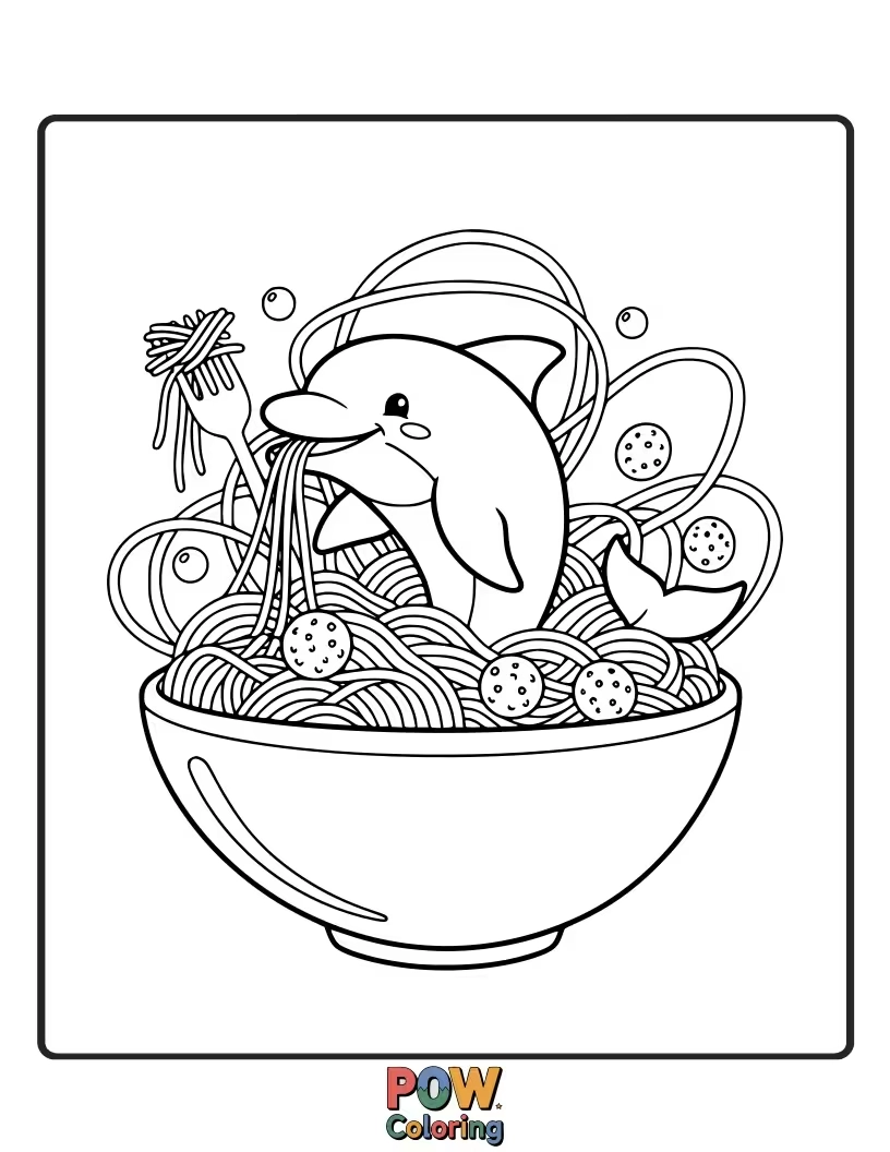 Free coloring page of A dolphin enthusiastically slurping up a giant plate of spaghetti. Messy and fun!