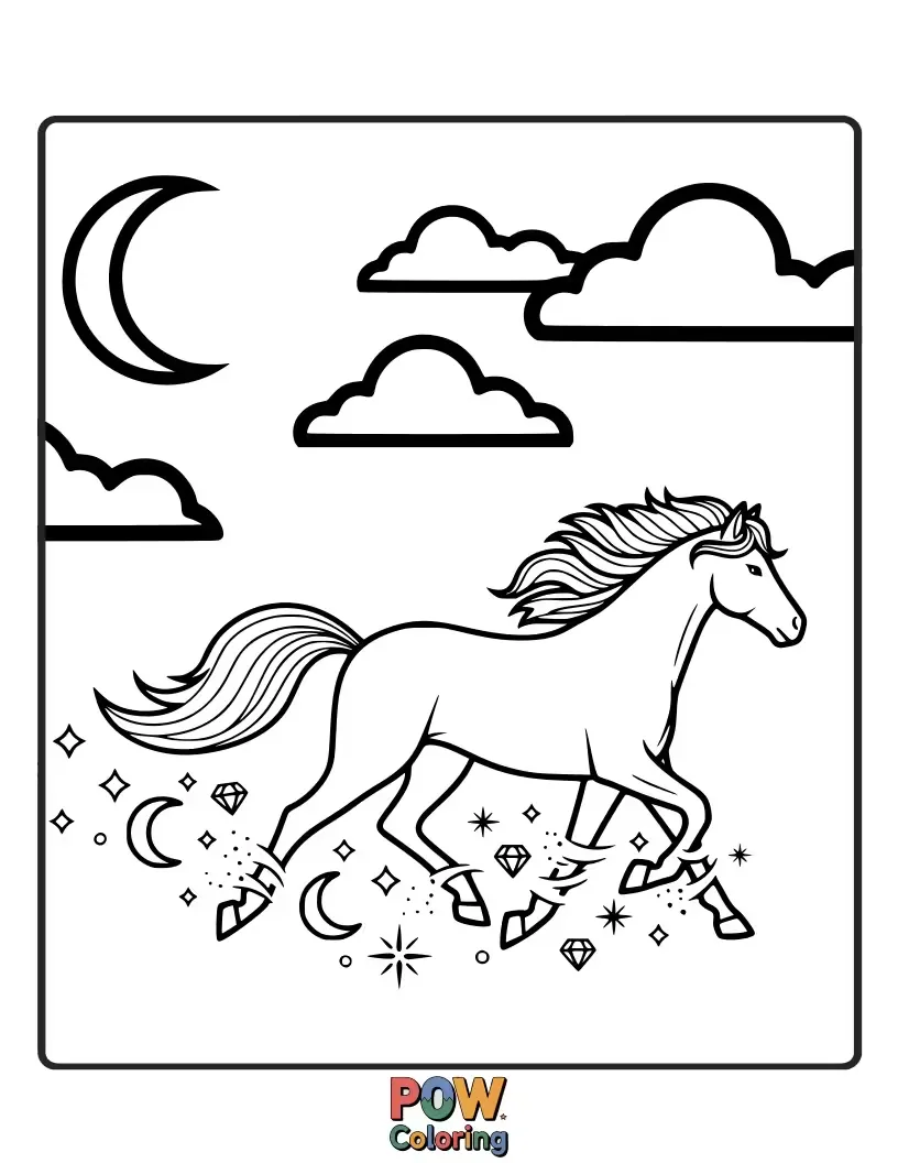 Free coloring page of A majestic horse with swirling stars and a rainbow mane, ready for fantastical adventures in a dreamy landscape.