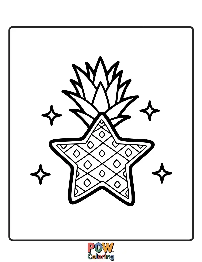 Free coloring page of A shimmering pineapple adorned with stars and glitter, shining brightly like a tropical gem.