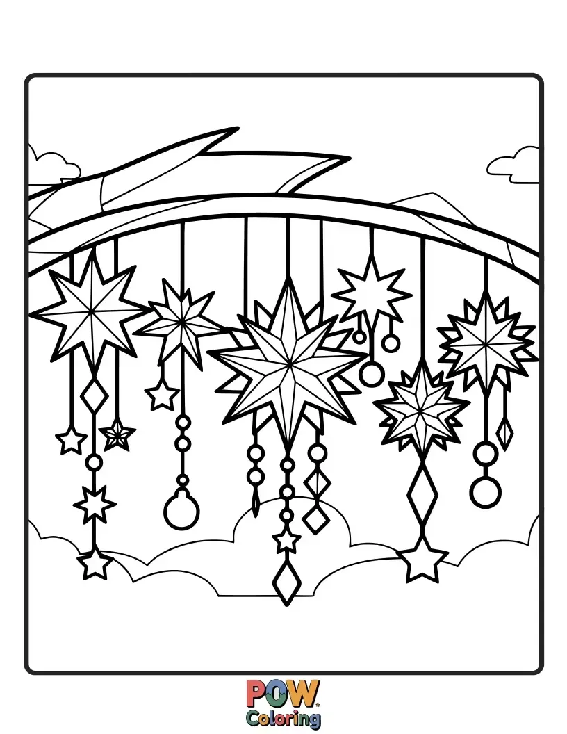 Free coloring page of Twinkling stars and crescent moons crafted into beautiful, celestial wind chimes.
