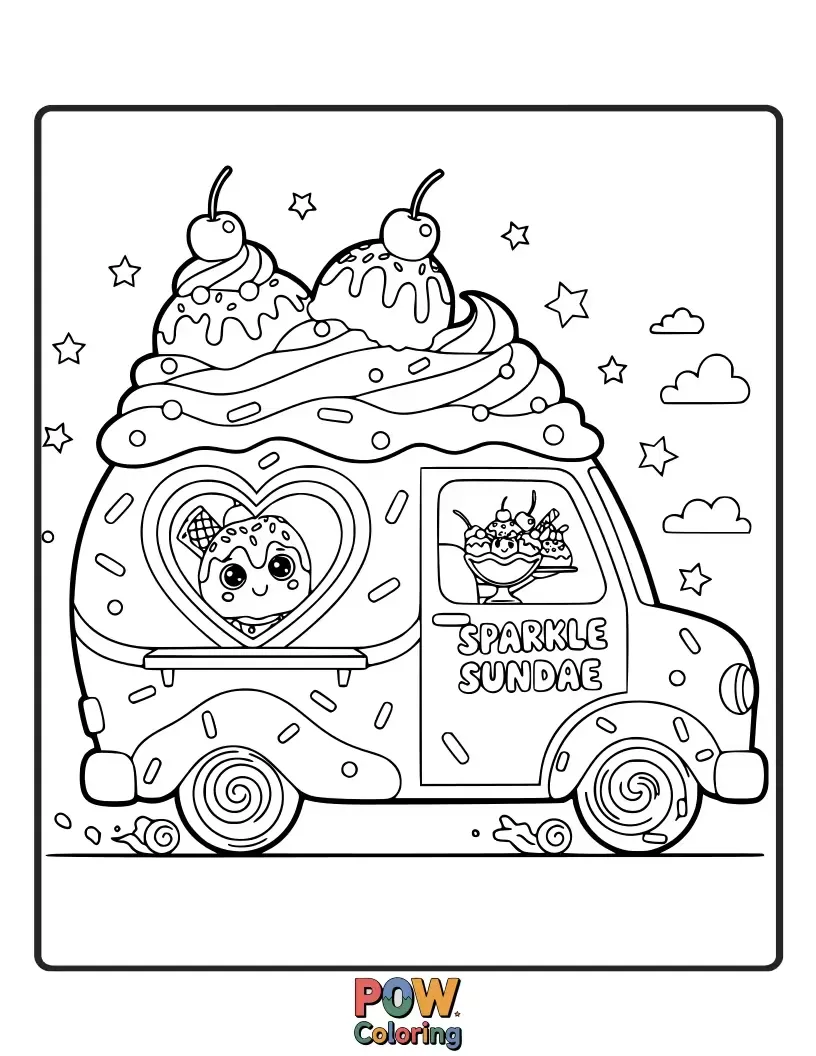 Free coloring page of A dazzling food truck covered in glitter and stars, serving magical sundaes with edible sparkles and joyful sprinkles.