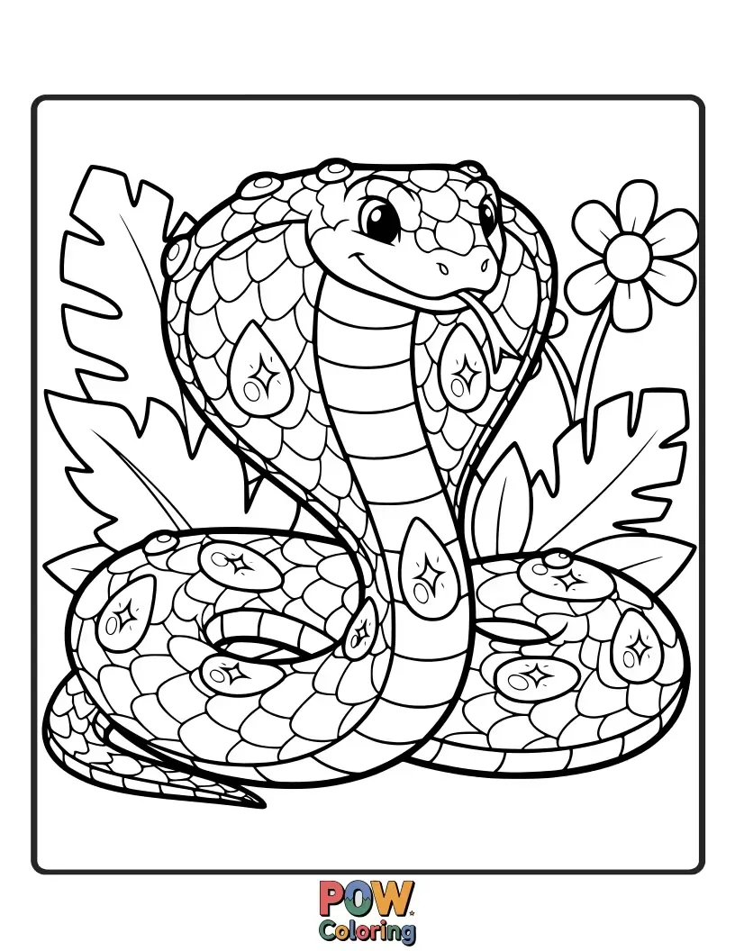 Free coloring page of A beautiful cobra snake with scales that resemble glistening dewdrops, catching the morning light.