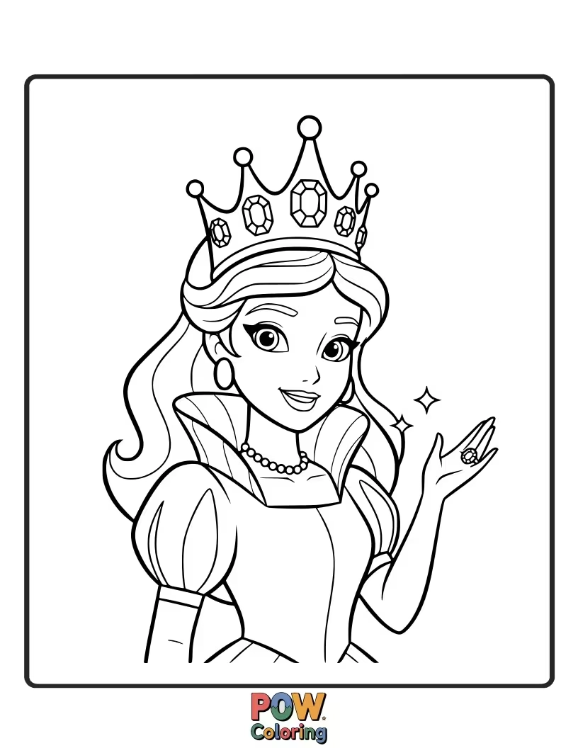Free coloring page of A beautiful princess wearing an ornate, sparkling crown, ready for a royal celebration. Perfect for young artists.