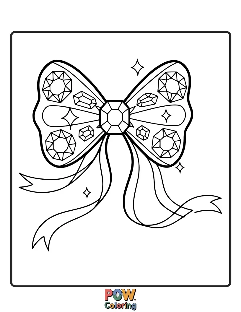 Free coloring page of A glamorous bow encrusted with various shiny, cut gemstones, offering a luxurious and dazzling coloring opportunity.