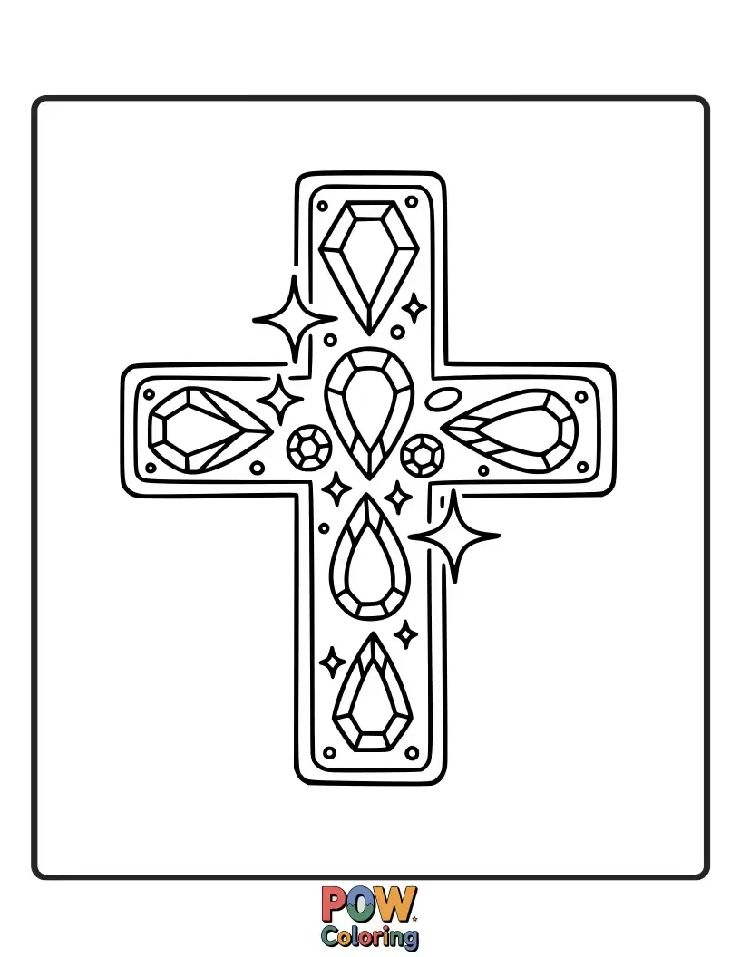 Free coloring page of A luxurious cross embellished with beautiful gemstones, adding a touch of elegance and radiant shine.
