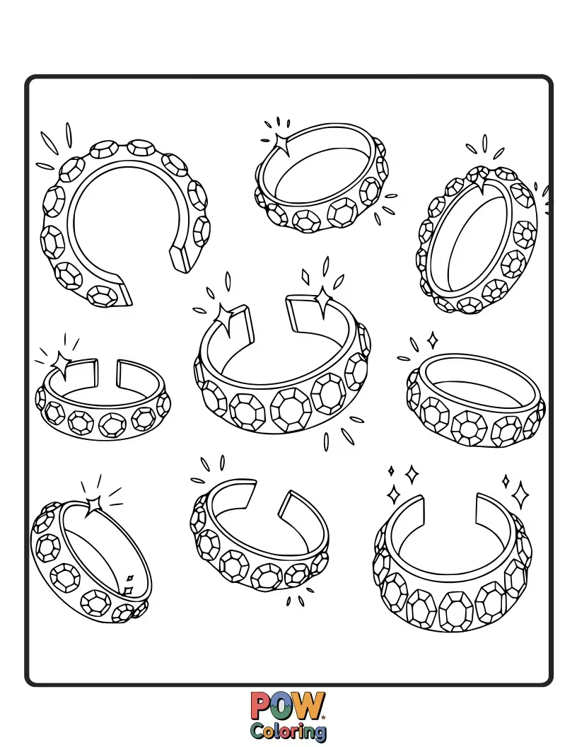 Free coloring page of Simple oval or round gemstones are set into a bracelet, ready for vibrant gem colors. Elegant and beautiful.