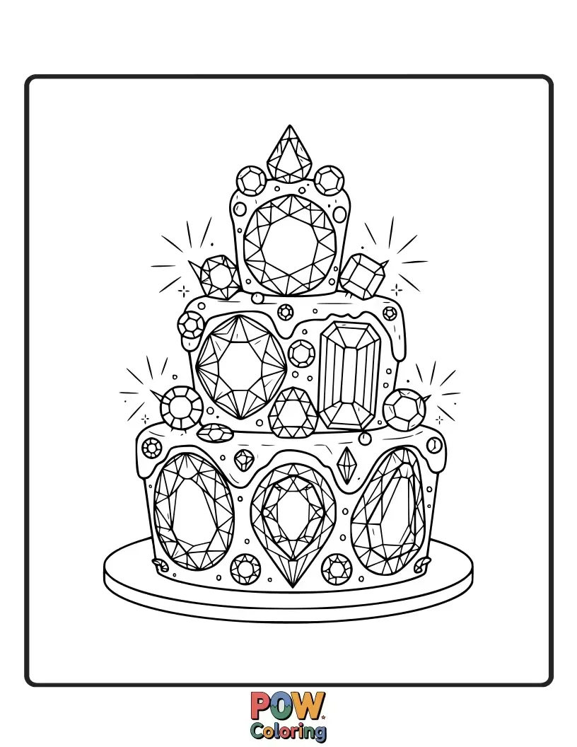 Free coloring page of Elegant cakes cut like precious gemstones, with sharp facets and dazzling brilliance.
