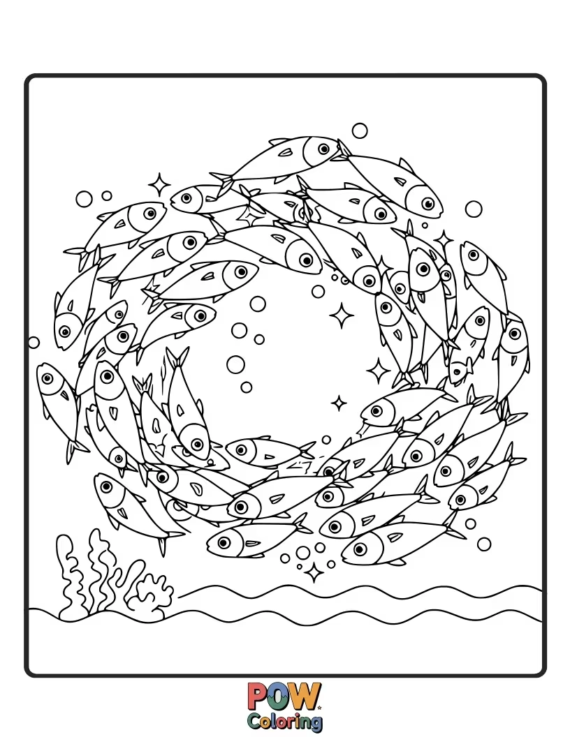 Free coloring page of A group of simple sardines swimming together, encouraging pattern recognition and coloring repetition for young artists.