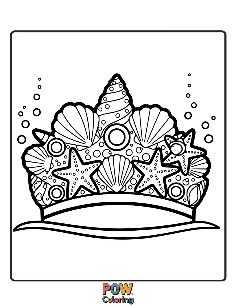 Free coloring page of An ornate crown made entirely of seashells, adorned with tiny pearls and glistening gems for regal coloring.