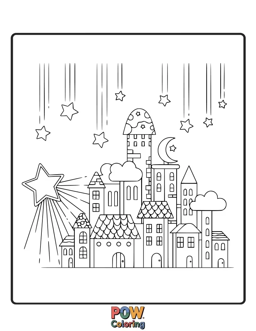 Free coloring page of A magical city illuminated by gentle falling stars and twinkling lights. A wondrous and enchanting nighttime metropolis.