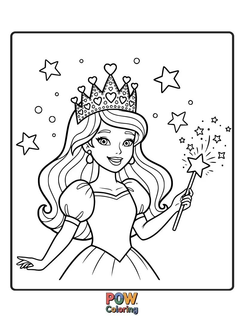 Free coloring page of A charming princess wearing a delicate, sparkling tiara, ready for any royal occasion.