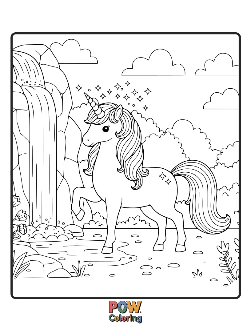 Free coloring page of Unicorn standing near a cascading waterfall that sparkles with magical light.