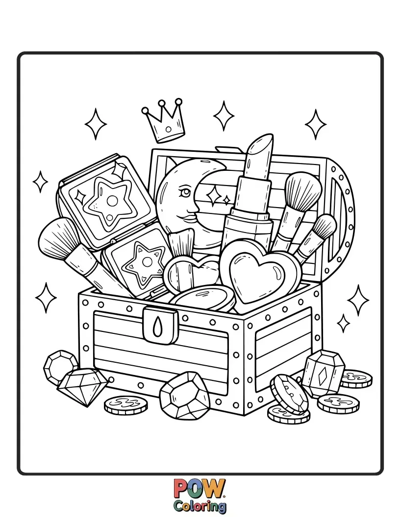 Free coloring page of An open treasure chest overflowing with glittering makeup gems and golden tools. Discover a bounty of colorful riches.