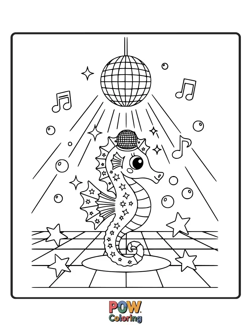 Free coloring page of A funky seahorse with a disco ball pattern on its body, grooving to underwater beats.