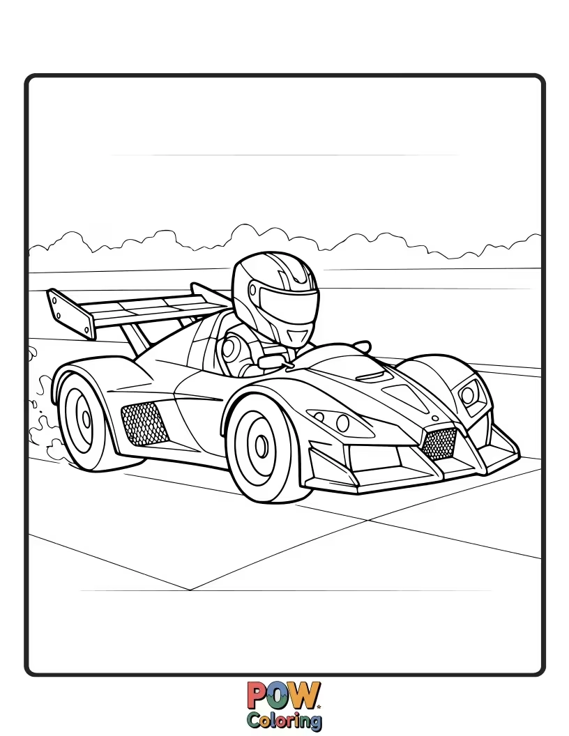 Free coloring page of A sleek, futuristic race car built for pure speed, with aerodynamic curves and a determined driver.