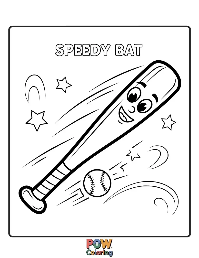 Free coloring page of A whimsical, anthropomorphic baseball bat with speedy legs, racing around the bases with a determined smile and flying shoelaces.
