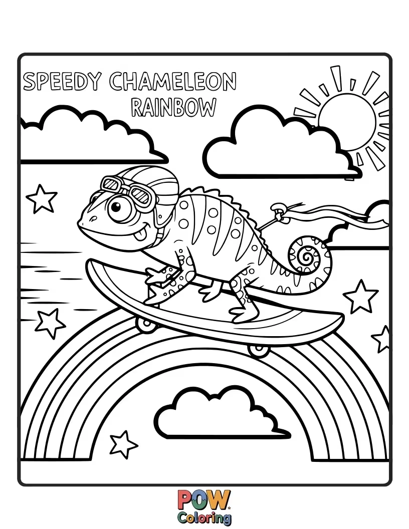 Free coloring page of A chameleon, changing colors to match a vibrant rainbow, joyfully riding on a fluffy cloud.