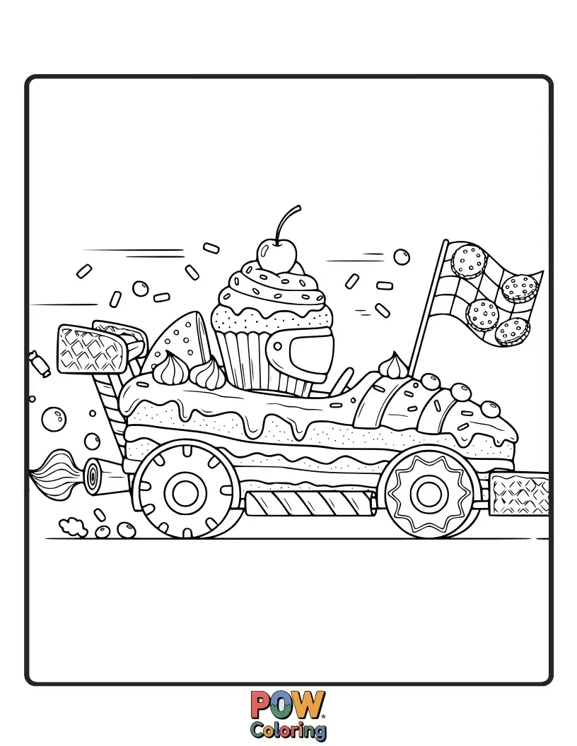 Free coloring page of Dynamic race car cakes zooming around a track, perfect for little speed demons.