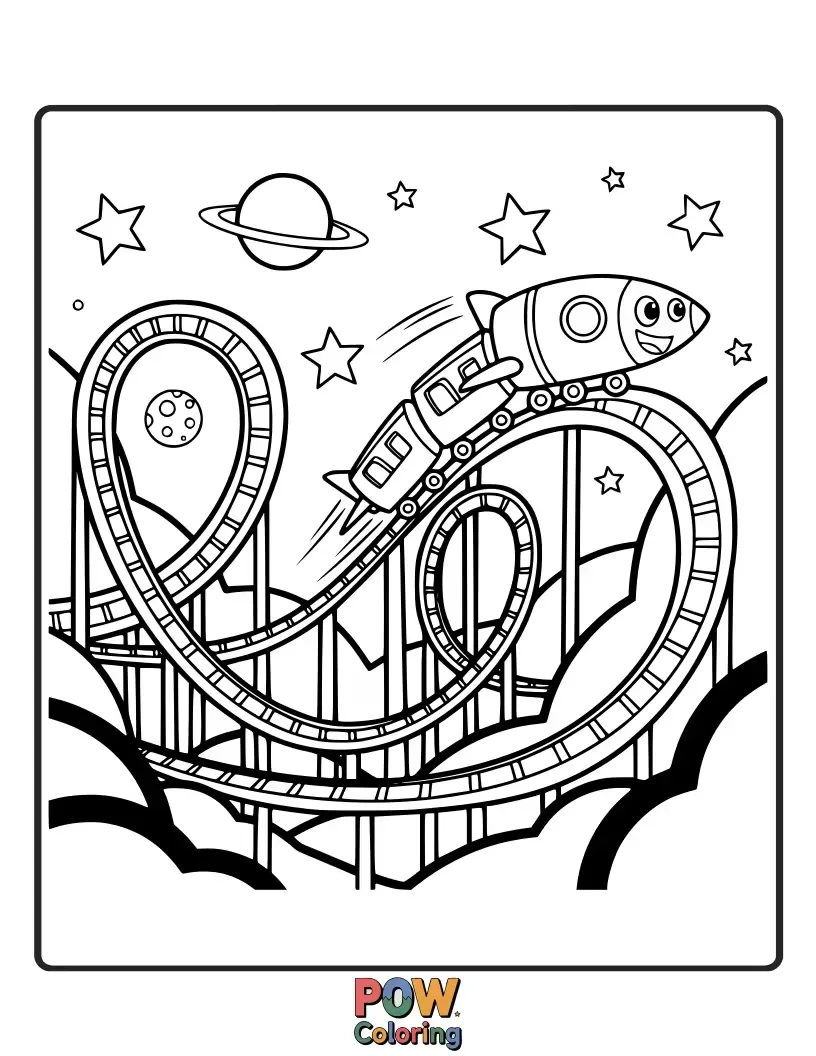 Free coloring page of A futuristic roller coaster shaped like a rocket ship blasts through space, leaving a trail of stars.