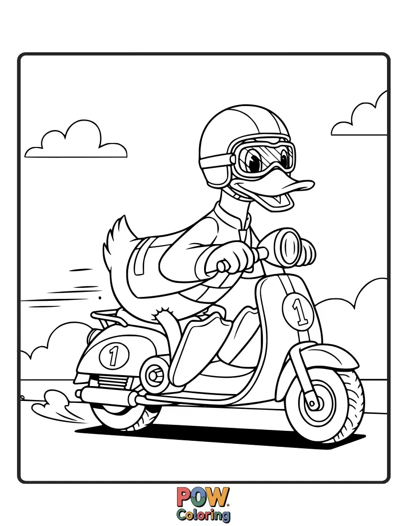 Free coloring page of This energetic duck is zooming around on a colorful, motorized scooter.