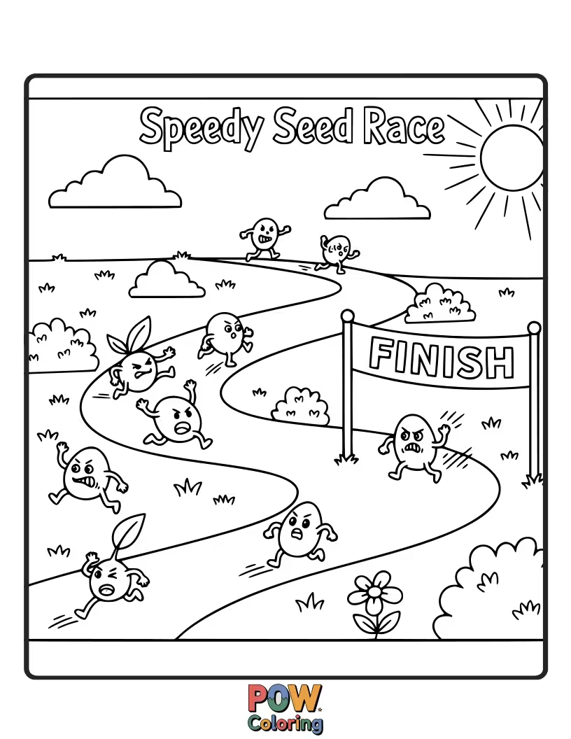 Free coloring page of A tiny seed with legs zooms past other seeds in a garden race, looking determined and very fast.