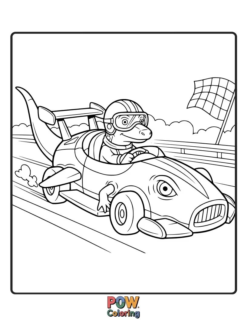 Free coloring page of A speedy skink zooming in a tiny, colorful race car, leaving a trail of stars.