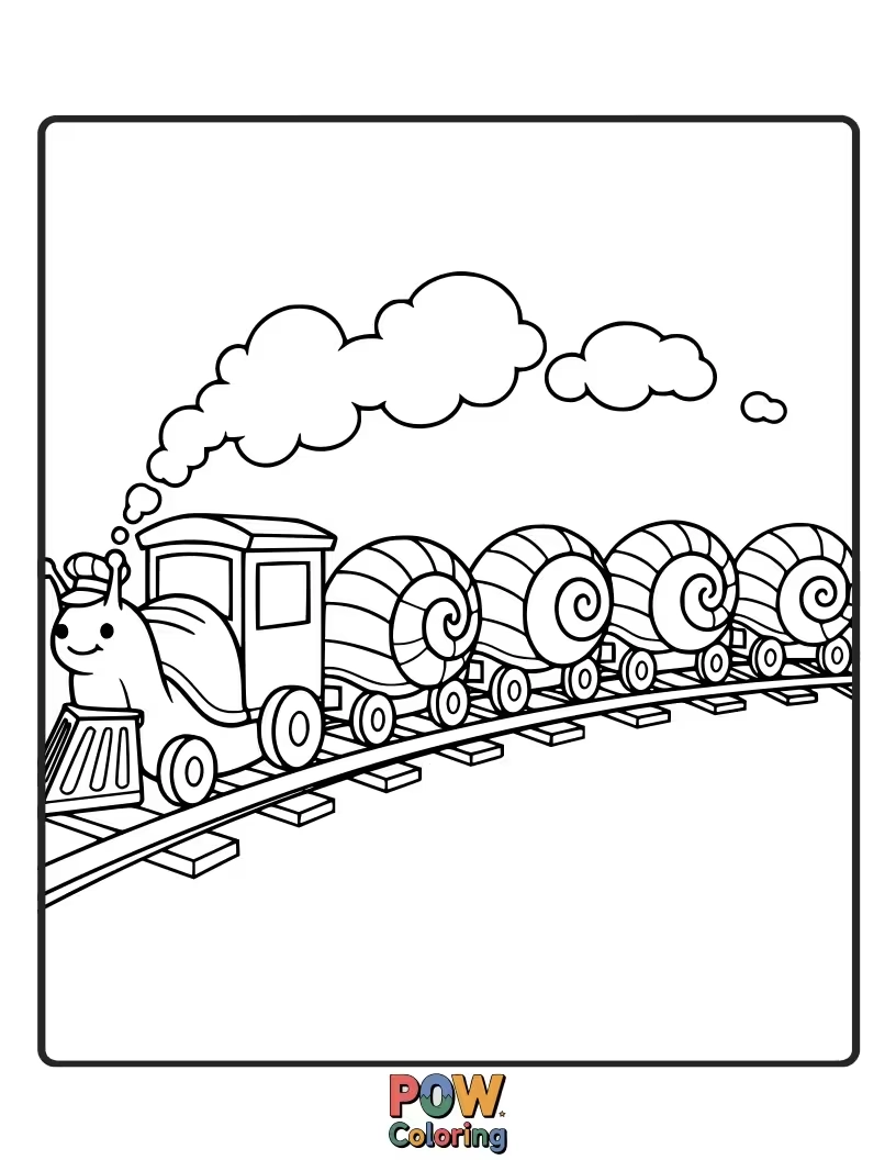 Free coloring page of A very slow but determined snail driving a train. Even snails can have an adventure with a little imagination.