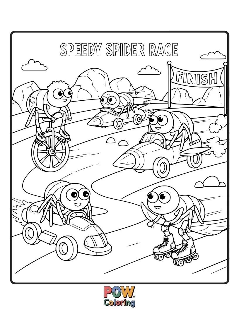 Free coloring page of Two excited spiders zooming along a track made of silk. Promotes a sense of speed and friendly competition.