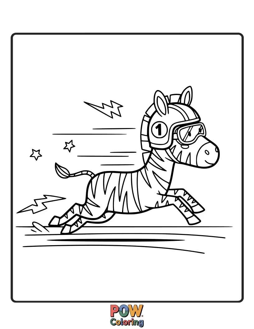 Free coloring page of A determined zebra in a racing helmet, speeding down a checkered track with a determined grin.