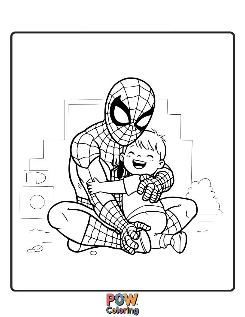Free coloring page of A gentle Spider-Man offering a comforting hug to someone.