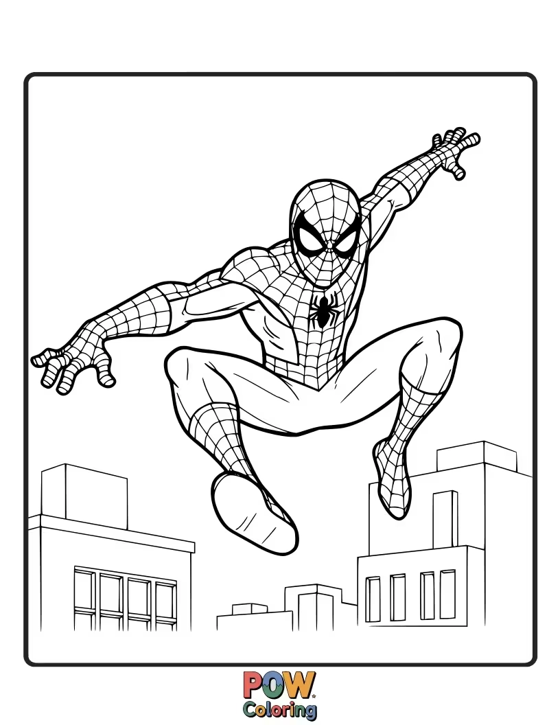 Free coloring page of Spider-Man landing gracefully on a rooftop after a long jump. Shows control and agility.