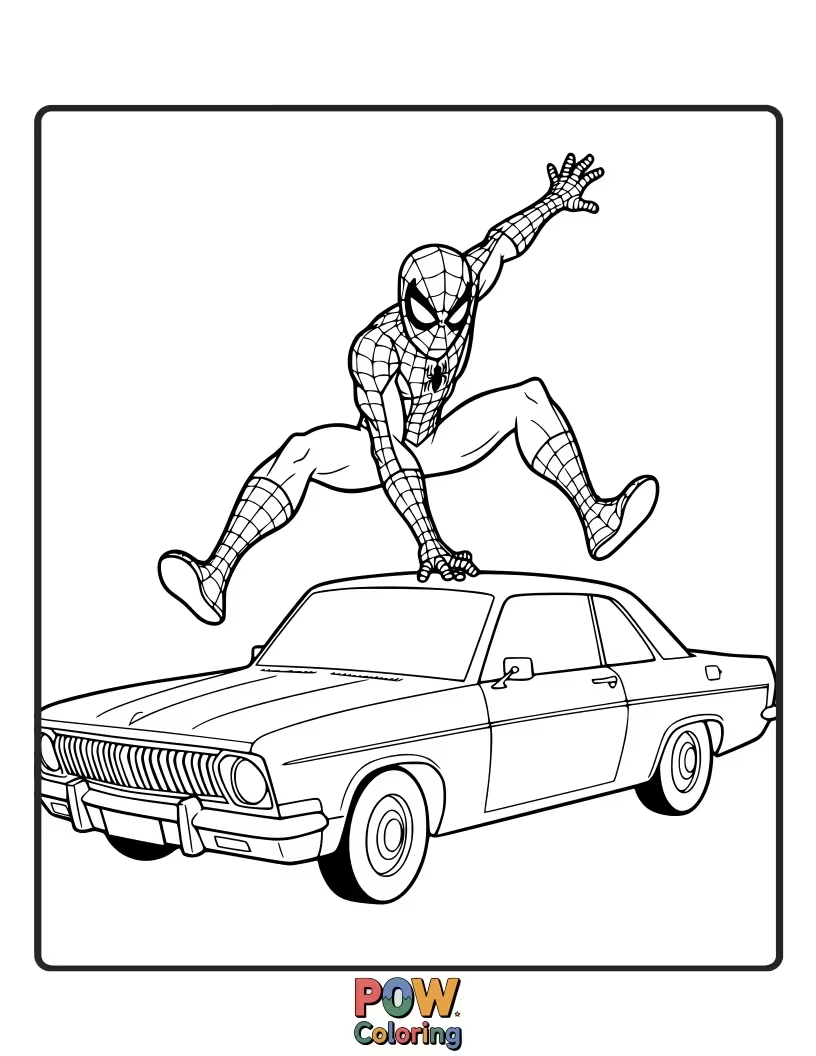 Free coloring page of Spider-Man making a soft landing on the roof of a parked car.