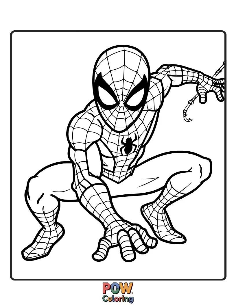 Free coloring page of A simple, bold outline of Spider-Man in a heroic stance, ready for adventure. Great for practicing basic shapes.
