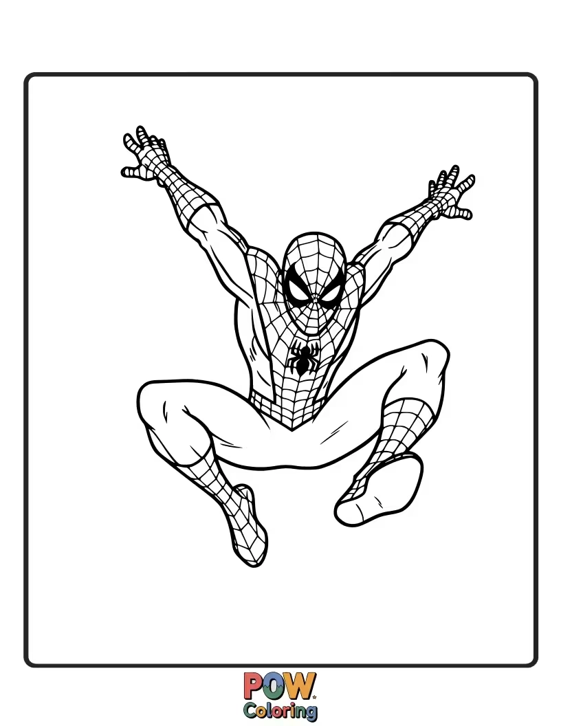 Free coloring page of A dynamic silhouette of Spider-Man leaping over an obstacle.