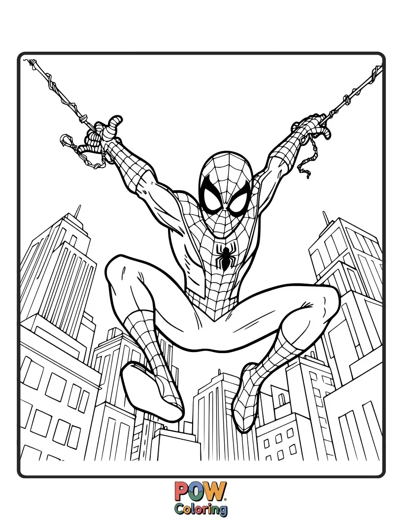 Free coloring page of A classic depiction of Spider-Man soaring between buildings, his cape flowing dynamically.