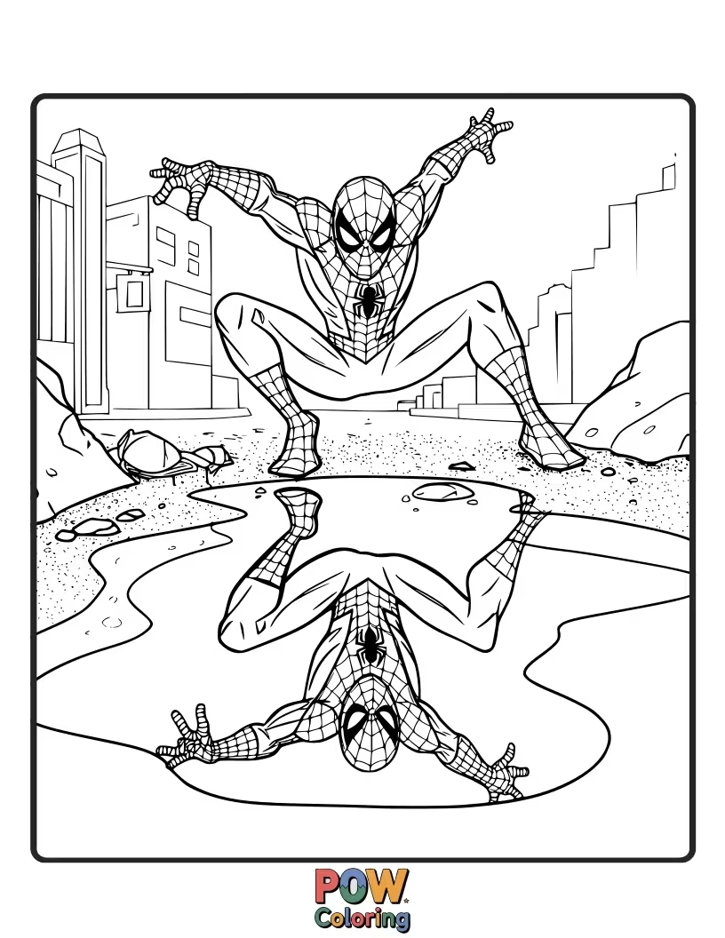 Free coloring page of Spider-Man standing, with his reflection visible in a puddle on the ground.