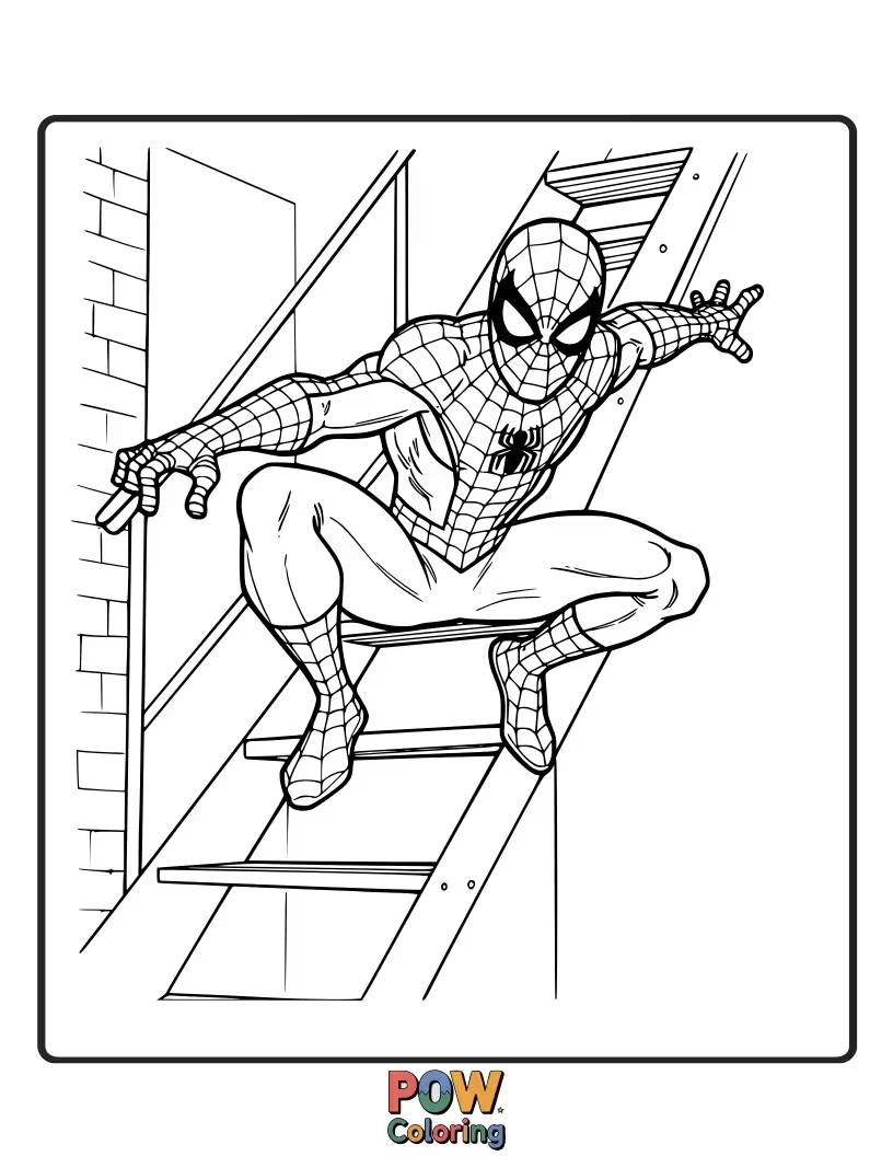 Free coloring page of Spider-Man perched on a rusty fire escape, observing the street below. Realistic urban setting.