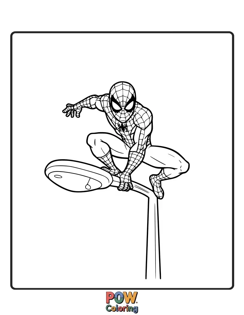 Free coloring page of Spider-Man sitting atop a street lamp, surveying his surroundings. A common and recognizable image.