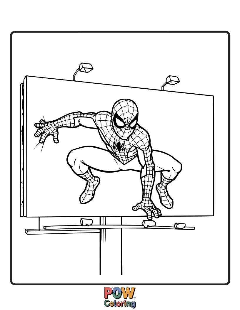 Free coloring page of Spider-Man posing on top of a large advertising billboard overlooking the city.