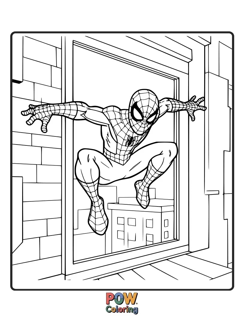Free coloring page of Spider-Man clinging to the outside of a large skyscraper window, looking in.