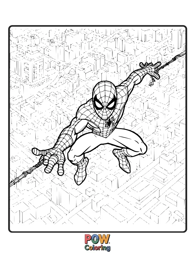 Free coloring page of Spider-Man looking at a stylized map of the city, planning his next move.