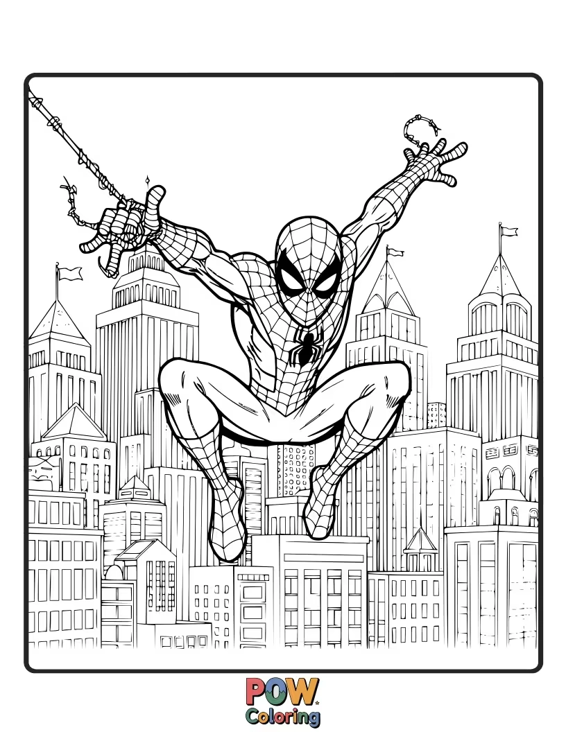 Free coloring page of Spider-Man in front of a simplified, iconic New York City skyline.