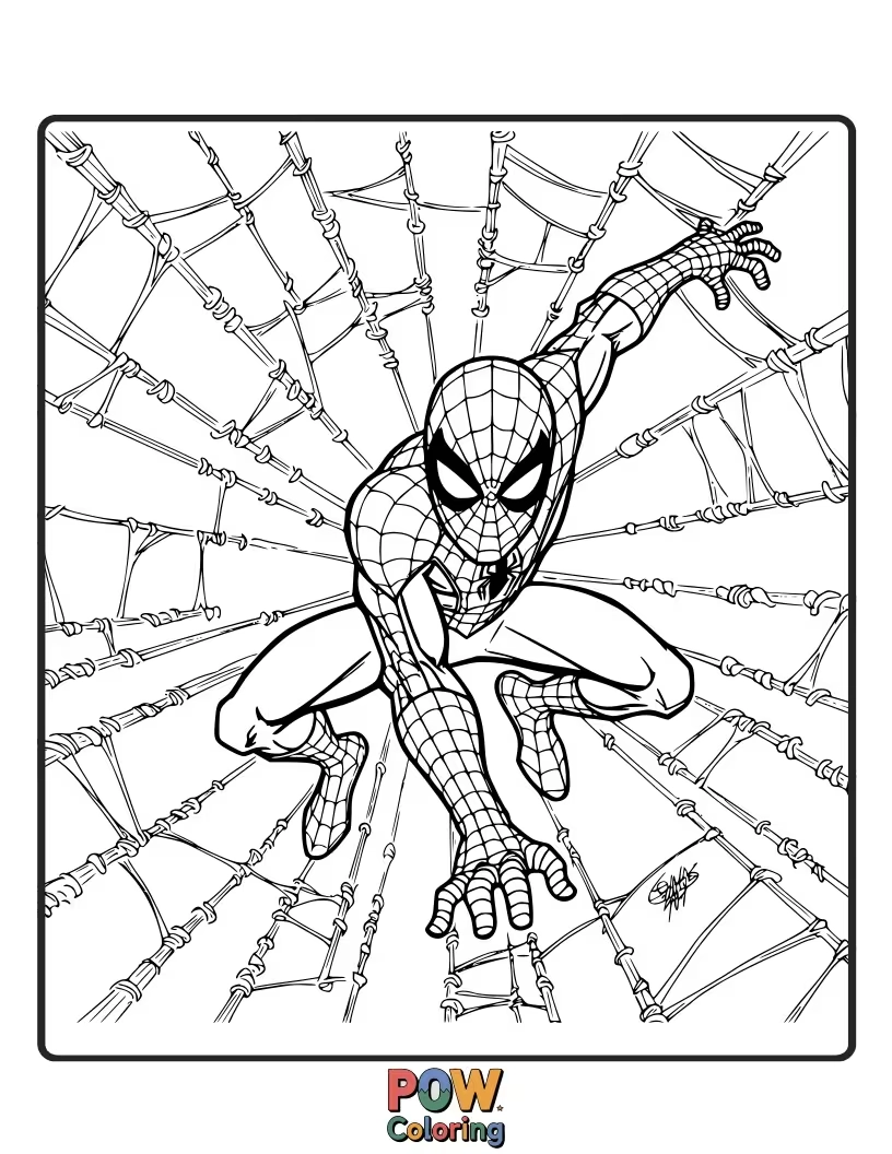 Free coloring page of Spider-Man surrounded by an explosion of web lines, suggesting intense action.
